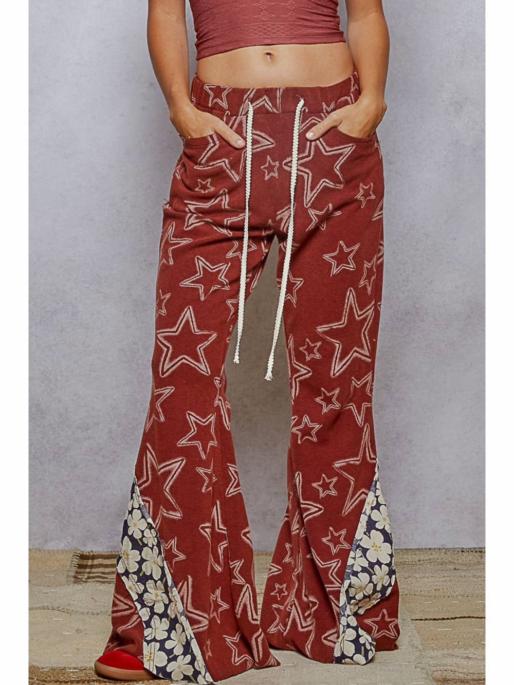 POL Star Print Floral lace Flared Bell Bottom Pants